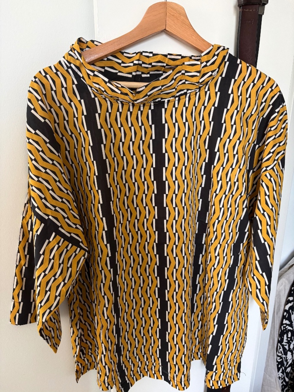 Handmade Geometric Optical Print Blouse | Yellow, Black & White Mock Neck Top